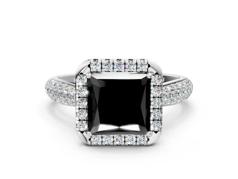 White gold Fancy Black Princess Cut Halo Diamond Ring with Pavé Band_12