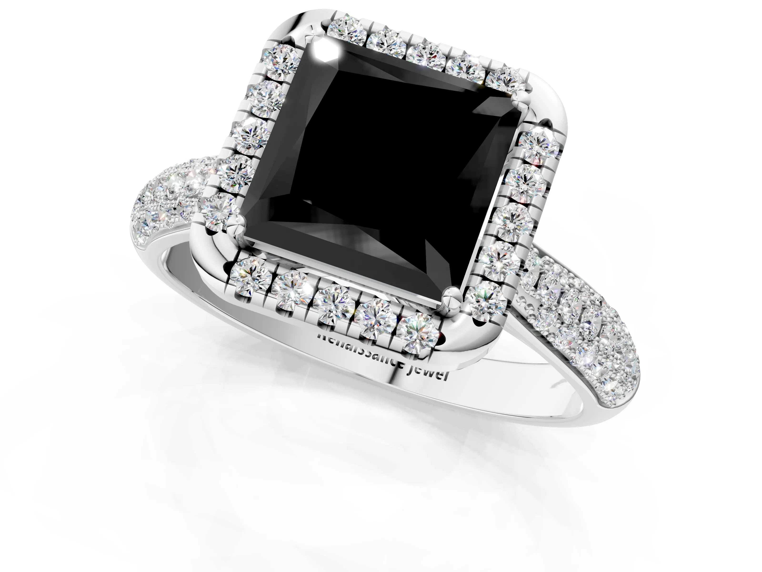 White gold Fancy Black Princess Cut Halo Diamond Ring with Pavé Band_13
