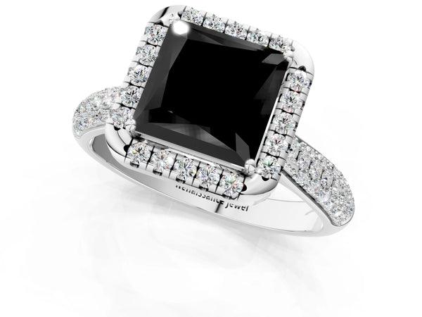 White gold Fancy Black Princess Cut Halo Diamond Ring with Pavé Band