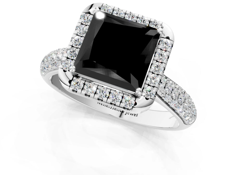 White gold Fancy Black Princess Cut Halo Diamond Ring with Pavé Band