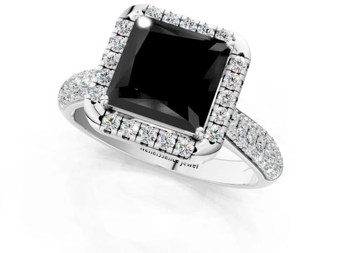 White gold Fancy Black Princess Cut Halo Diamond Ring with Pavé Band_13