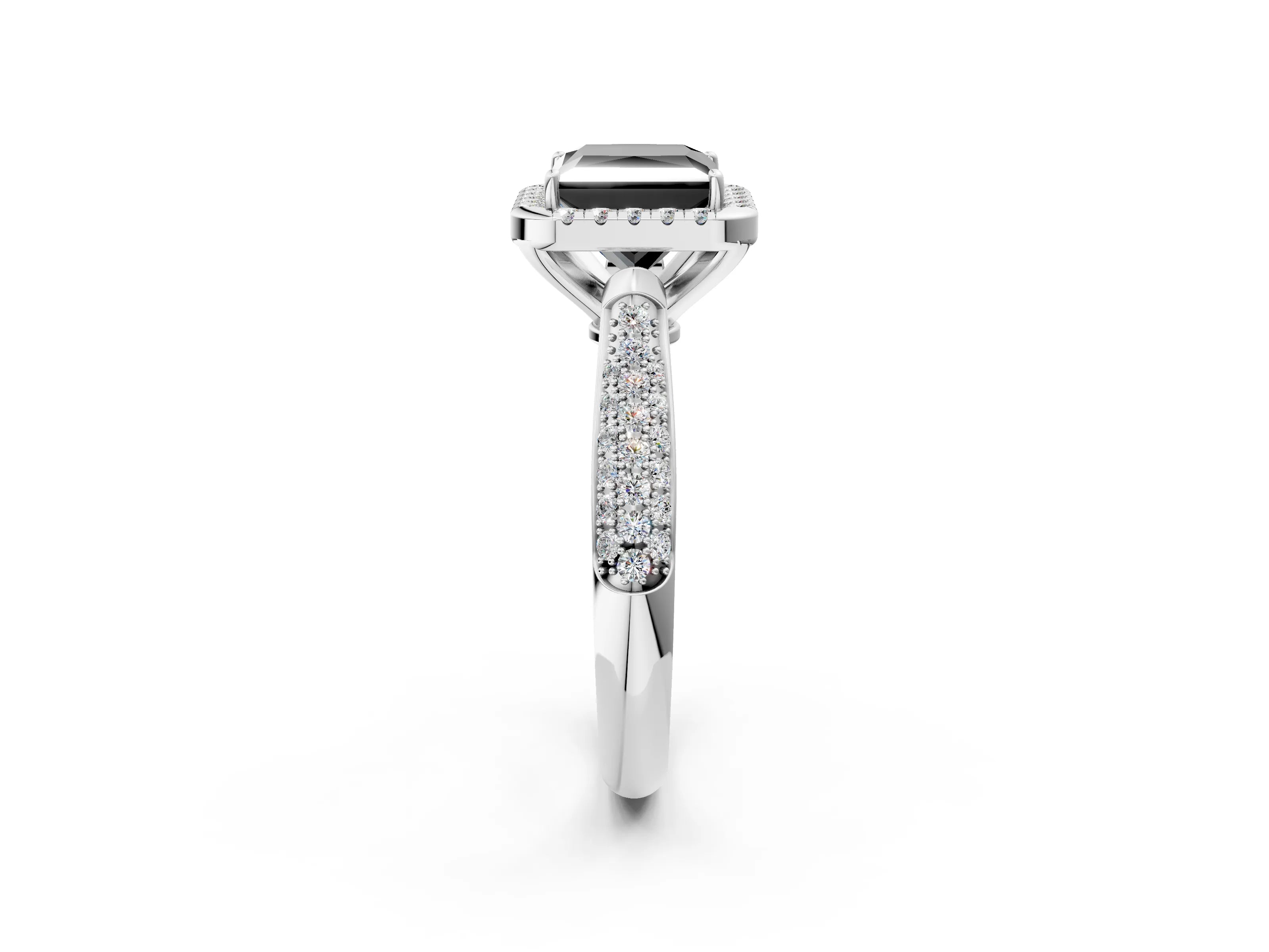 White gold Fancy Black Princess Cut Halo Diamond Ring with Pavé Band_14