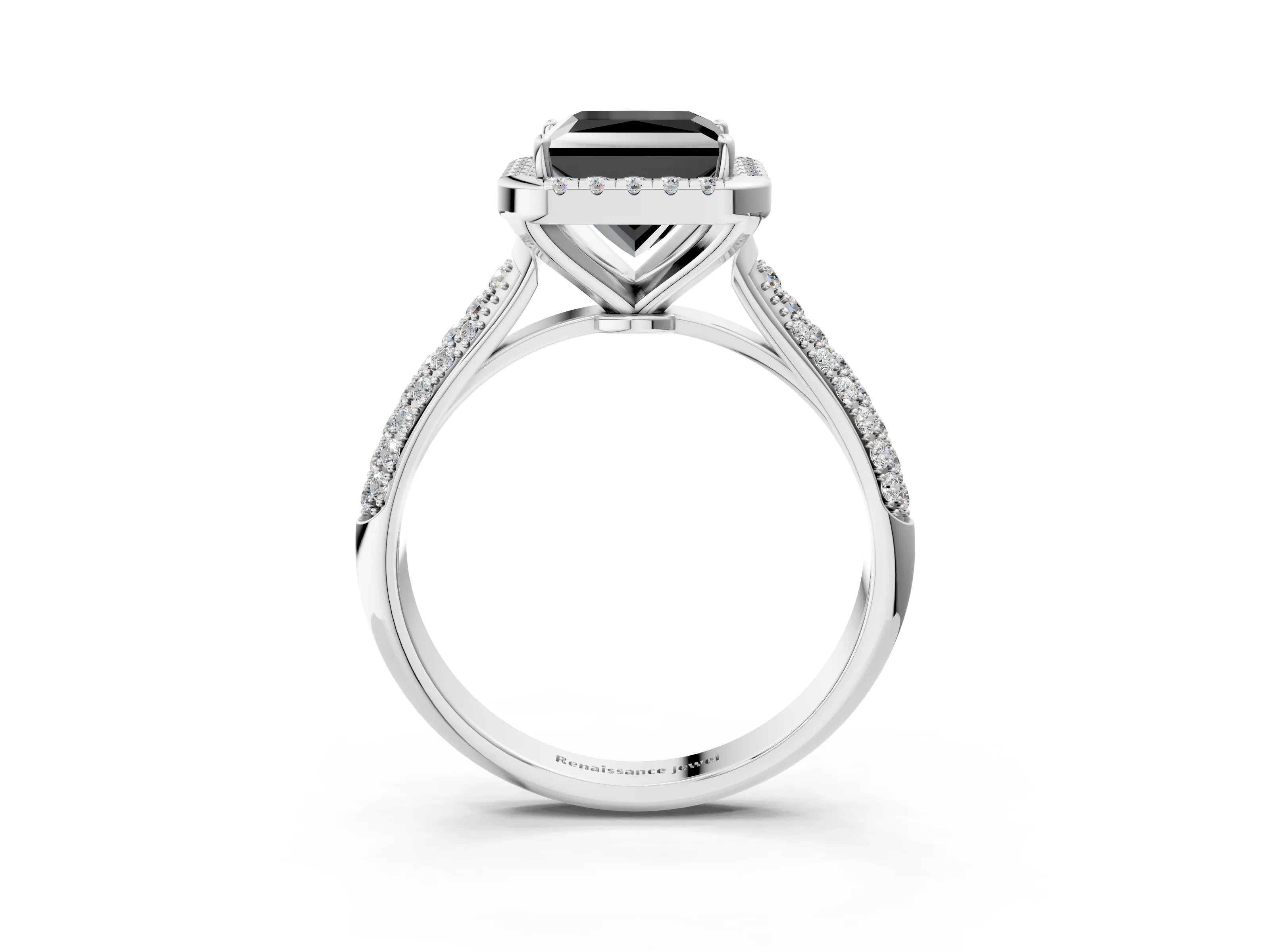 White gold Fancy Black Princess Cut Halo Diamond Ring with Pavé Band_15