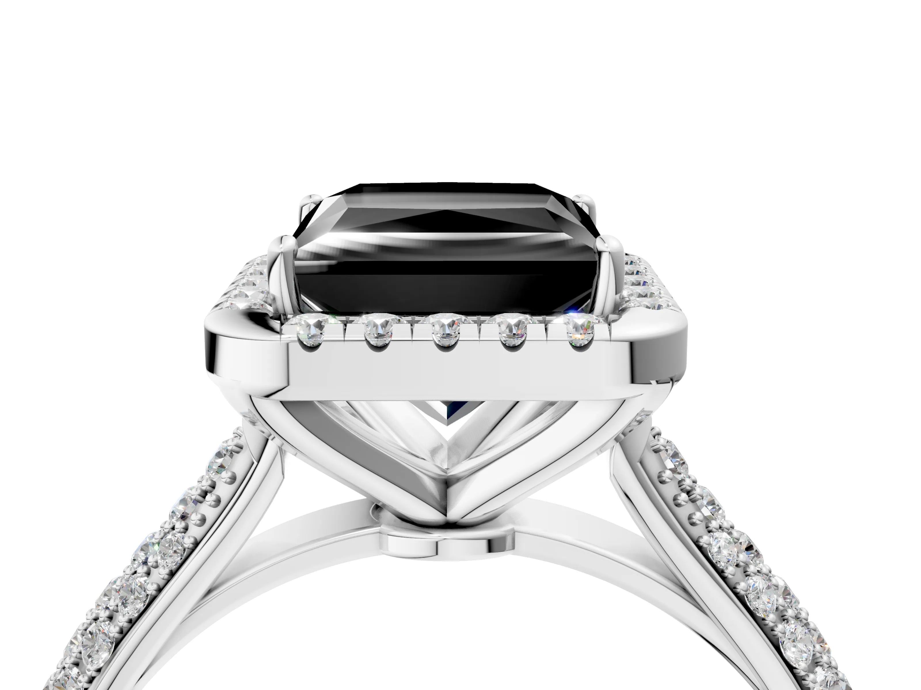 White gold Fancy Black Princess Cut Halo Diamond Ring with Pavé Band_16