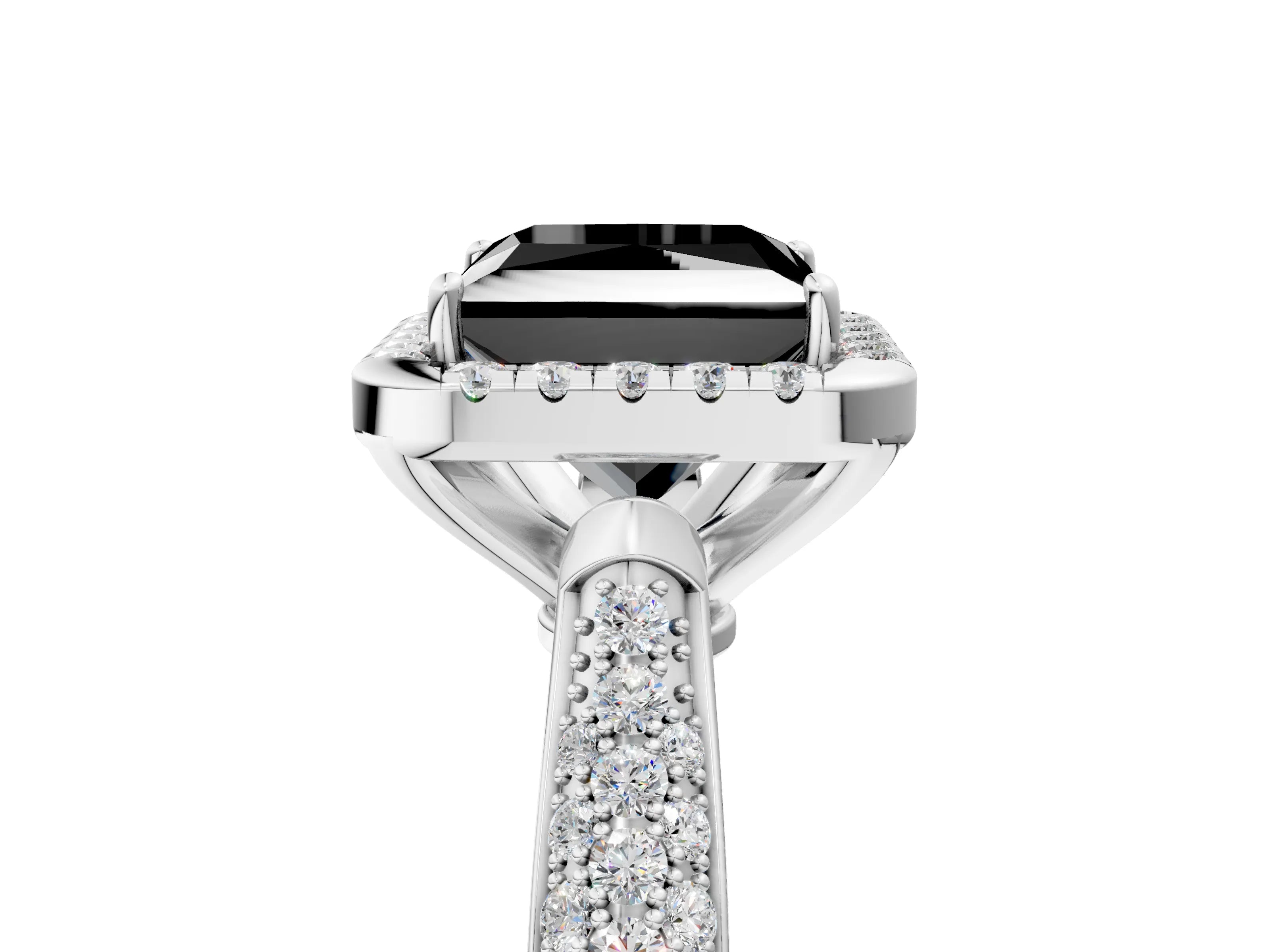 White gold Fancy Black Princess Cut Halo Diamond Ring with Pavé Band_17
