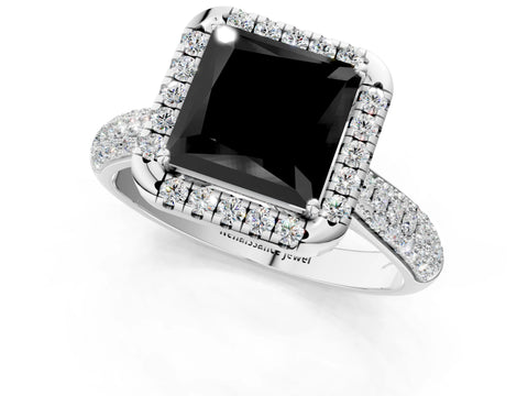 White gold Fancy Black Princess Cut Halo Diamond Ring with Pavé Band_1