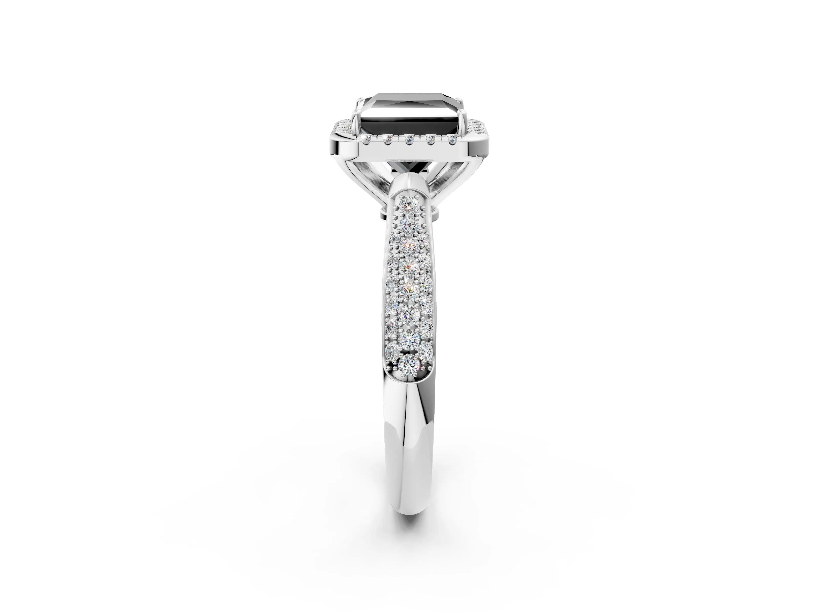 White gold Fancy Black Princess Cut Halo Diamond Ring with Pavé Band_2