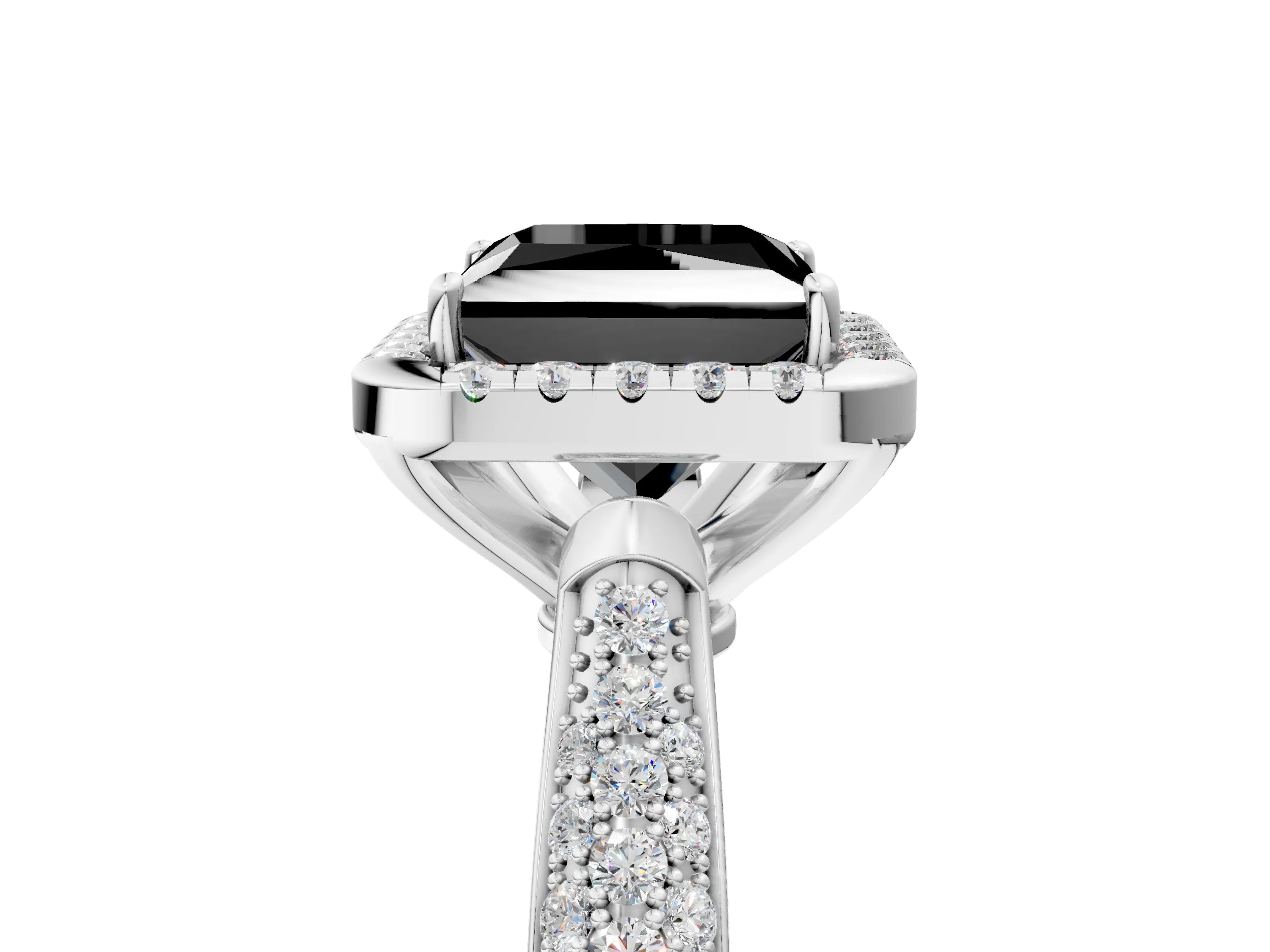 White gold Fancy Black Princess Cut Halo Diamond Ring with Pavé Band_5