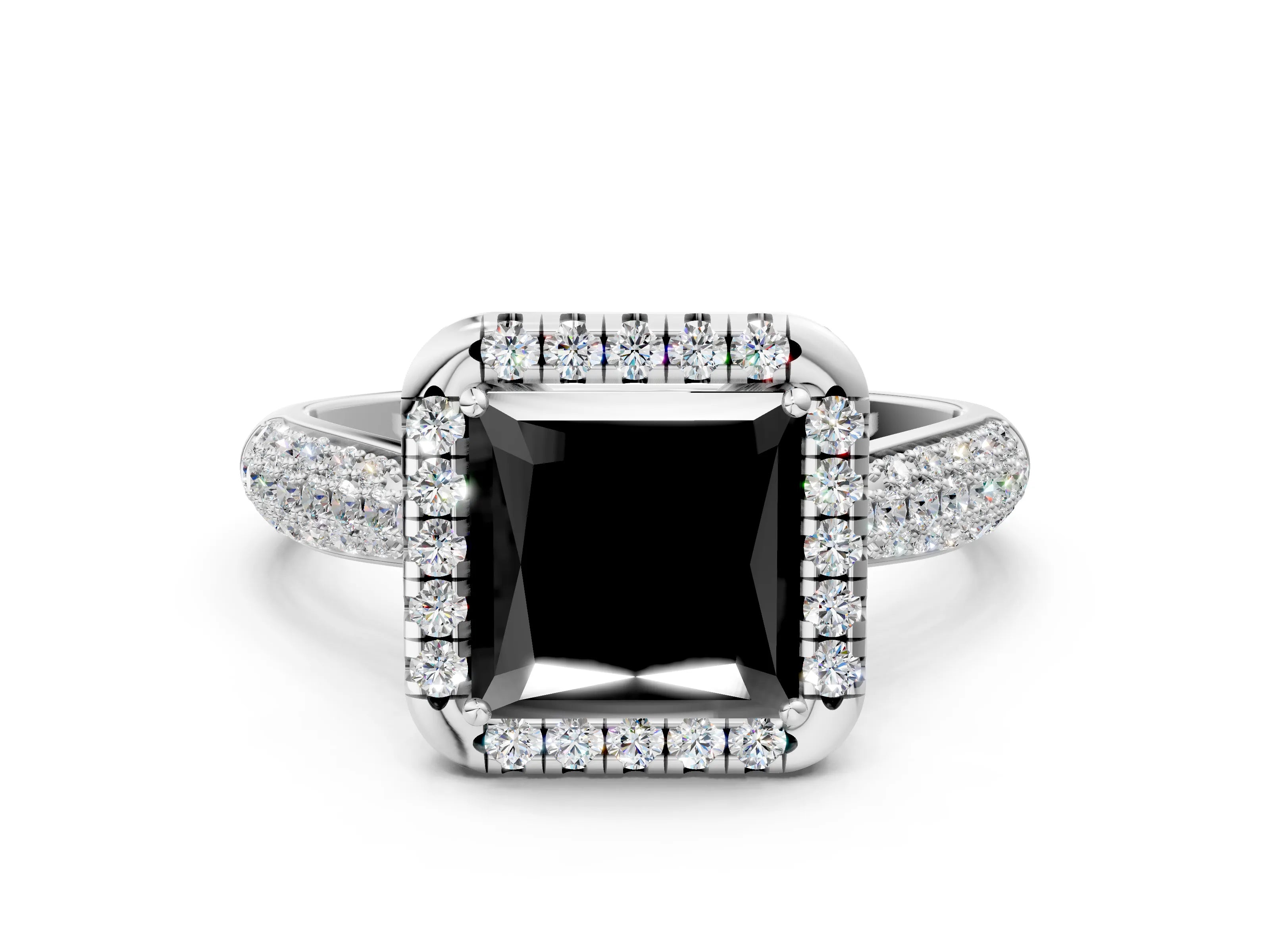 White gold Fancy Black Princess Cut Halo Diamond Ring with Pavé Band