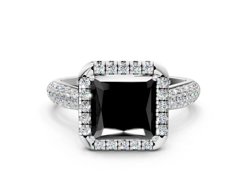 White gold Fancy Black Princess Cut Halo Diamond Ring with Pavé Band