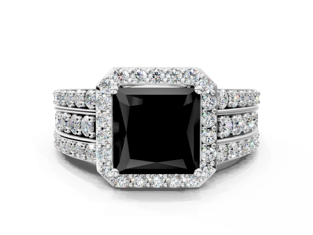 White gold Fancy Black Princess Cut Halo Diamond Ring with Round  Split Shank and Prong Setting_72
