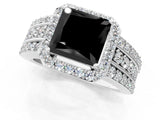 White gold Fancy Black Princess Cut Halo Diamond Ring with Round  Split Shank and Prong Setting_73