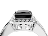 White gold Fancy Black Princess Cut Halo Diamond Ring with Round  Split Shank and Prong Setting_76