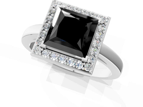 White gold Fancy Black Princess Cut Halo Diamond Ring with Solitaire Band and Prong Setting_1