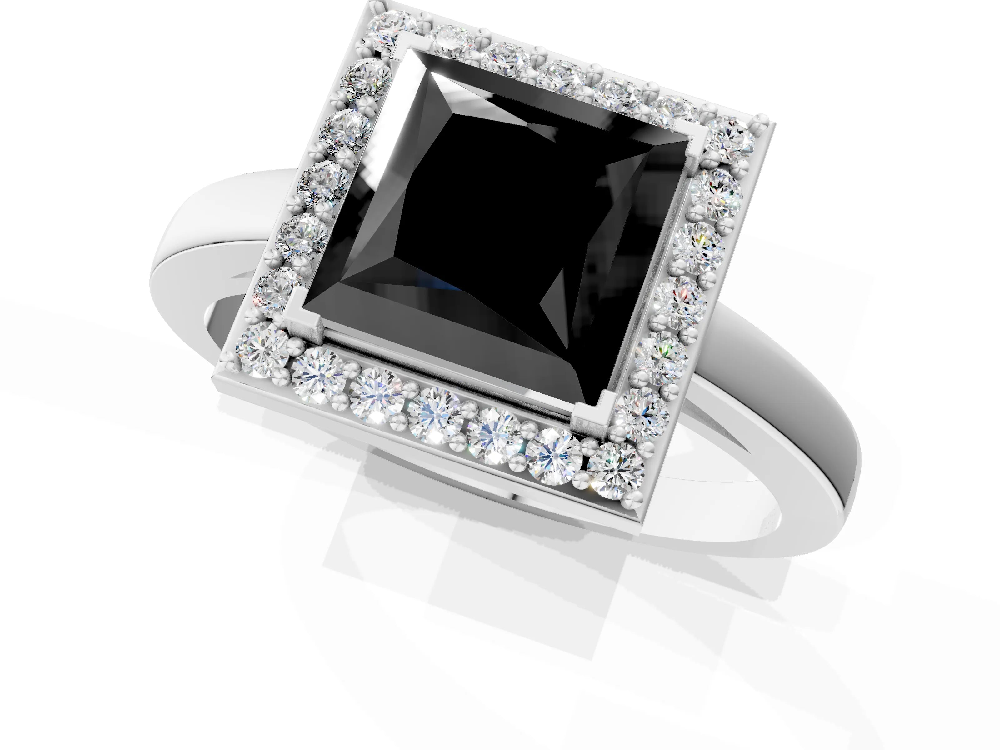 White gold Fancy Black Princess Cut Halo Diamond Ring with Solitaire Band and Prong Setting_1