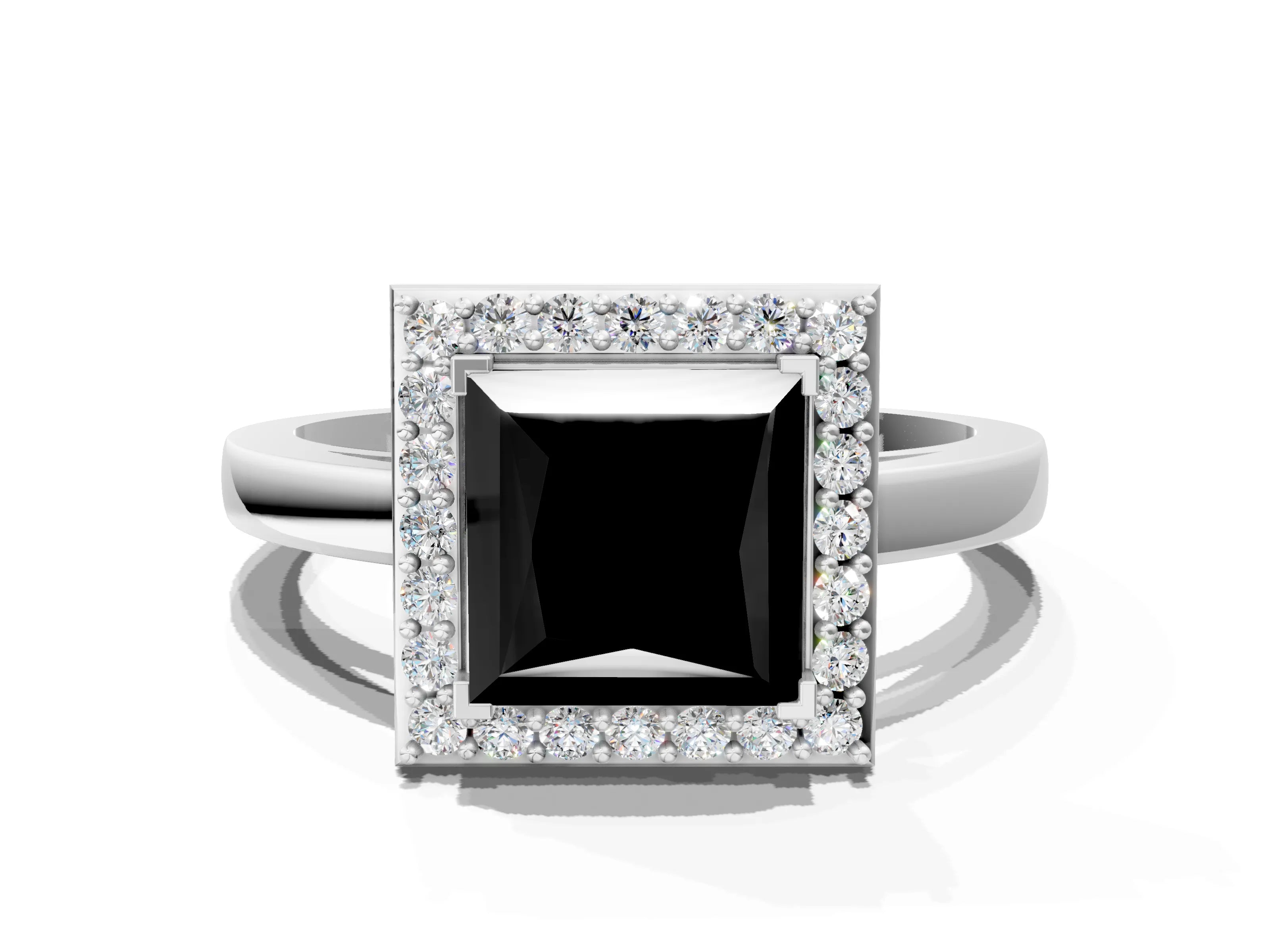 White gold Fancy Black Princess Cut Halo Diamond Ring with Solitaire Band and Prong Setting