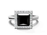 White gold Fancy Black Princess Cut Halo Diamond Ring with Solitaire Band and Prong Setting