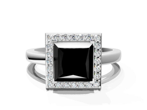White gold Fancy Black Princess Cut Halo Diamond Ring with Solitaire Band and Prong Setting
