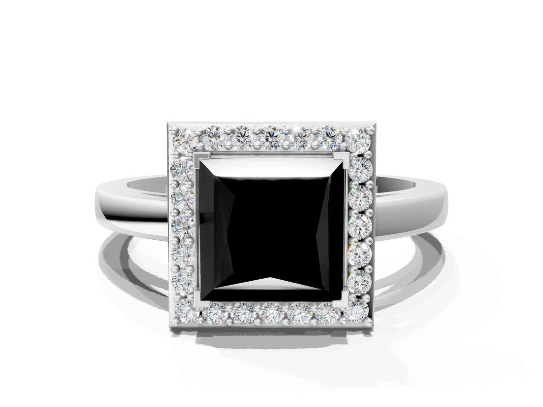 White gold Fancy Black Princess Cut Halo Diamond Ring with Solitaire Band and Prong Setting