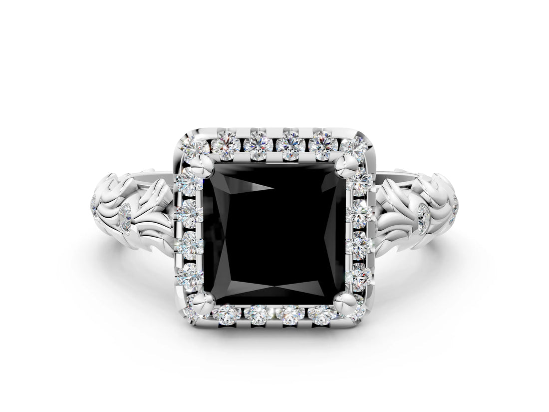 White gold Fancy Black Princess Cut Halo Diamond Solitaire with Filigree Band and Four-Prong Setting_12