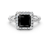 White gold Fancy Black Princess Cut Halo Diamond Solitaire with Filigree Band and Four-Prong Setting_12