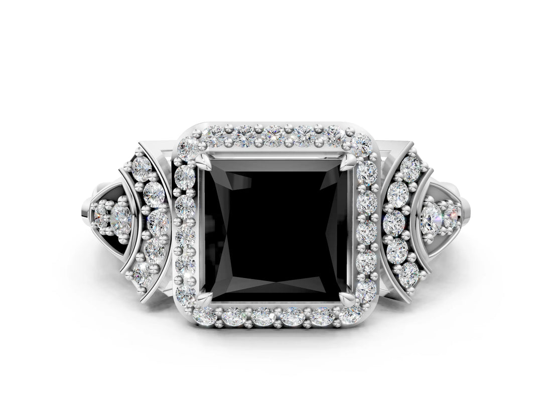 White gold Fancy Black Princess Cut Halo Diamond Split Shank Engagement Ring with Four-Prong Setting