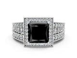 White gold Fancy Black Princess Cut Halo Diamond Split Shank Ring with Prong Setting