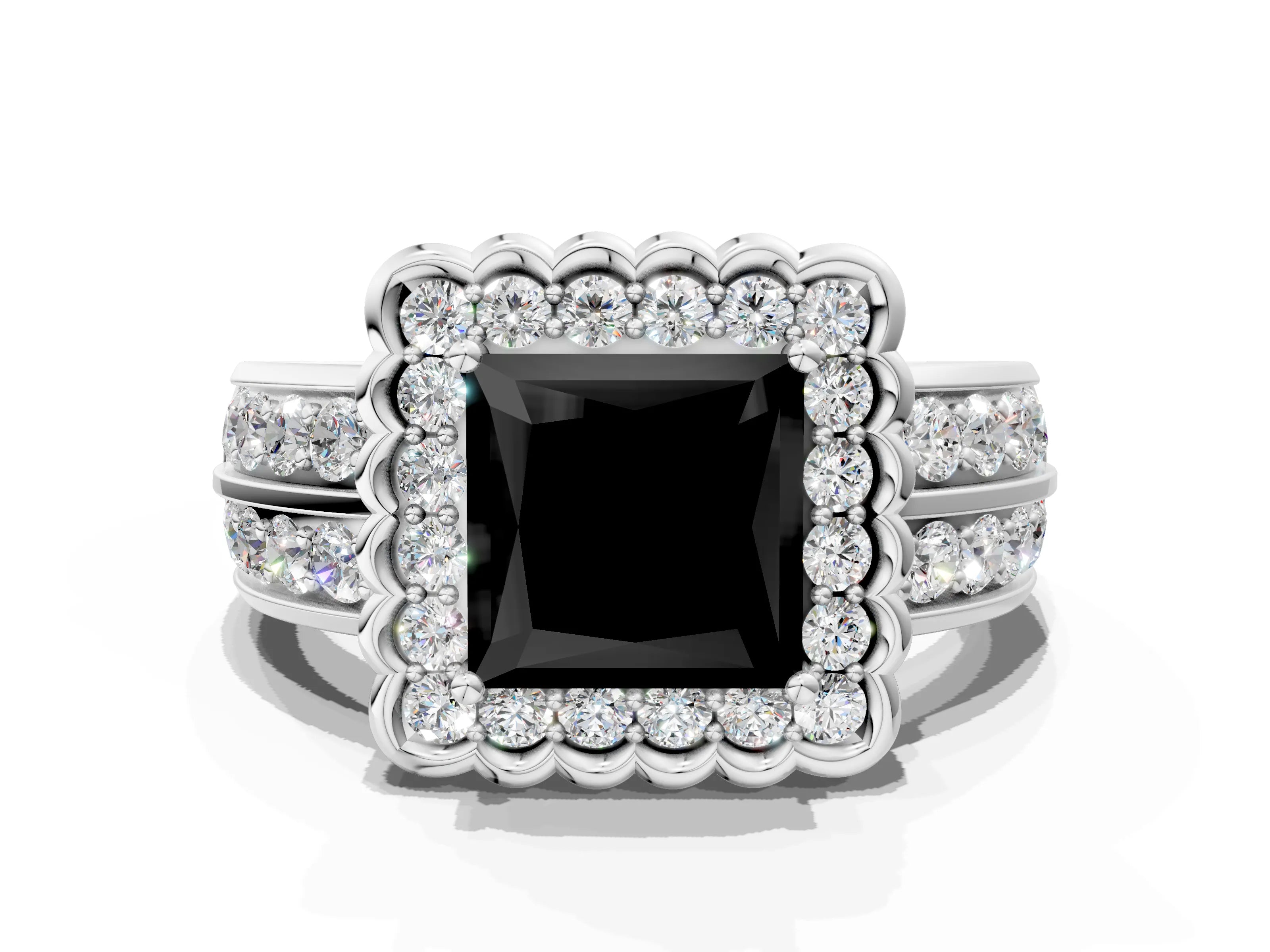 White gold Fancy Black Princess Cut Halo Diamond Split Shank Ring with Scalloped Prong Setting_12