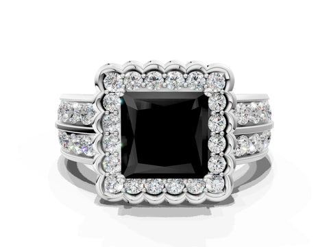 White gold Fancy Black Princess Cut Halo Diamond Split Shank Ring with Scalloped Prong Setting_12