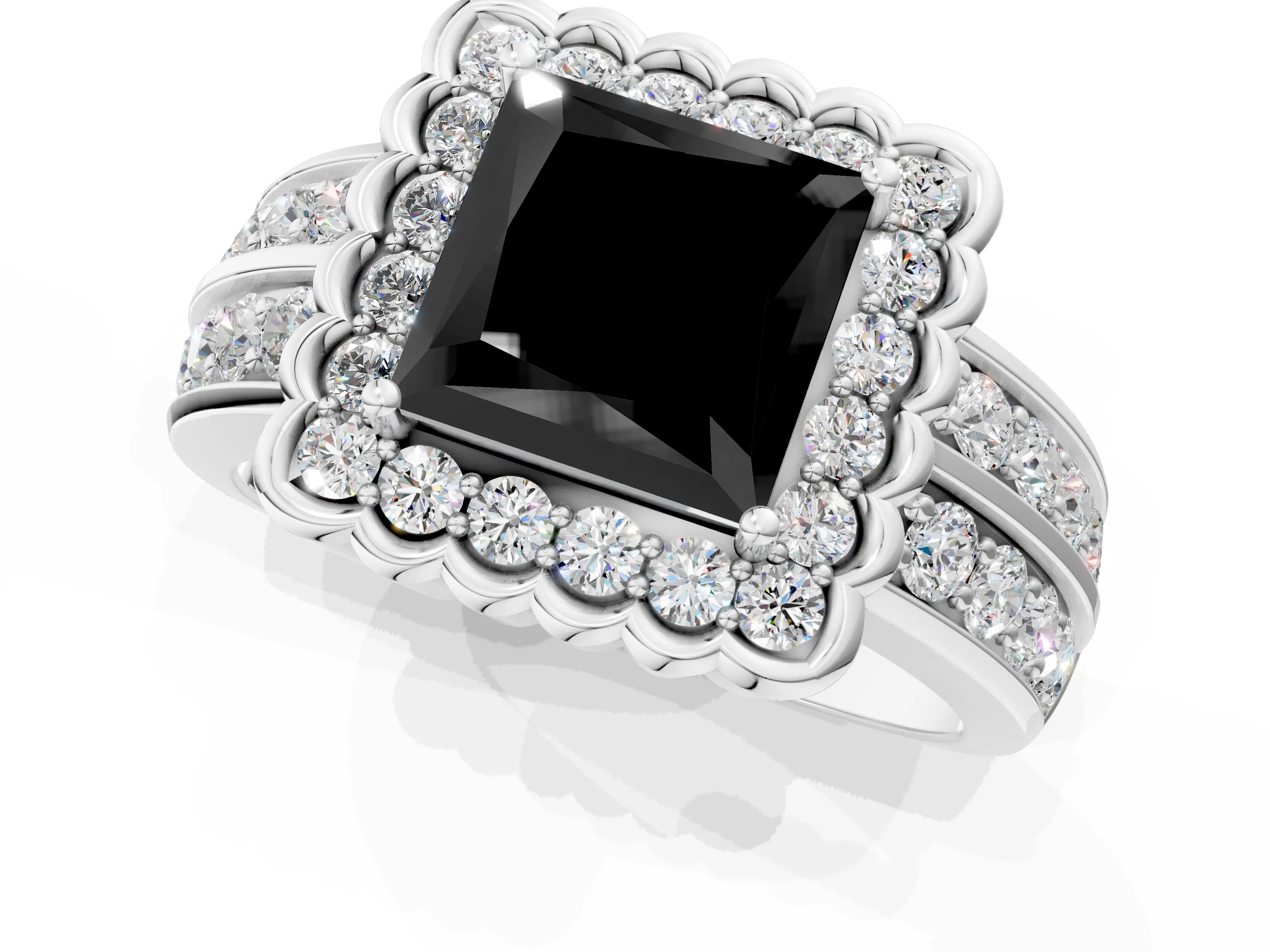 White gold Fancy Black Princess Cut Halo Diamond Split Shank Ring with Scalloped Prong Setting_13