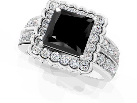 White gold Fancy Black Princess Cut Halo Diamond Split Shank Ring with Scalloped Prong Setting_13