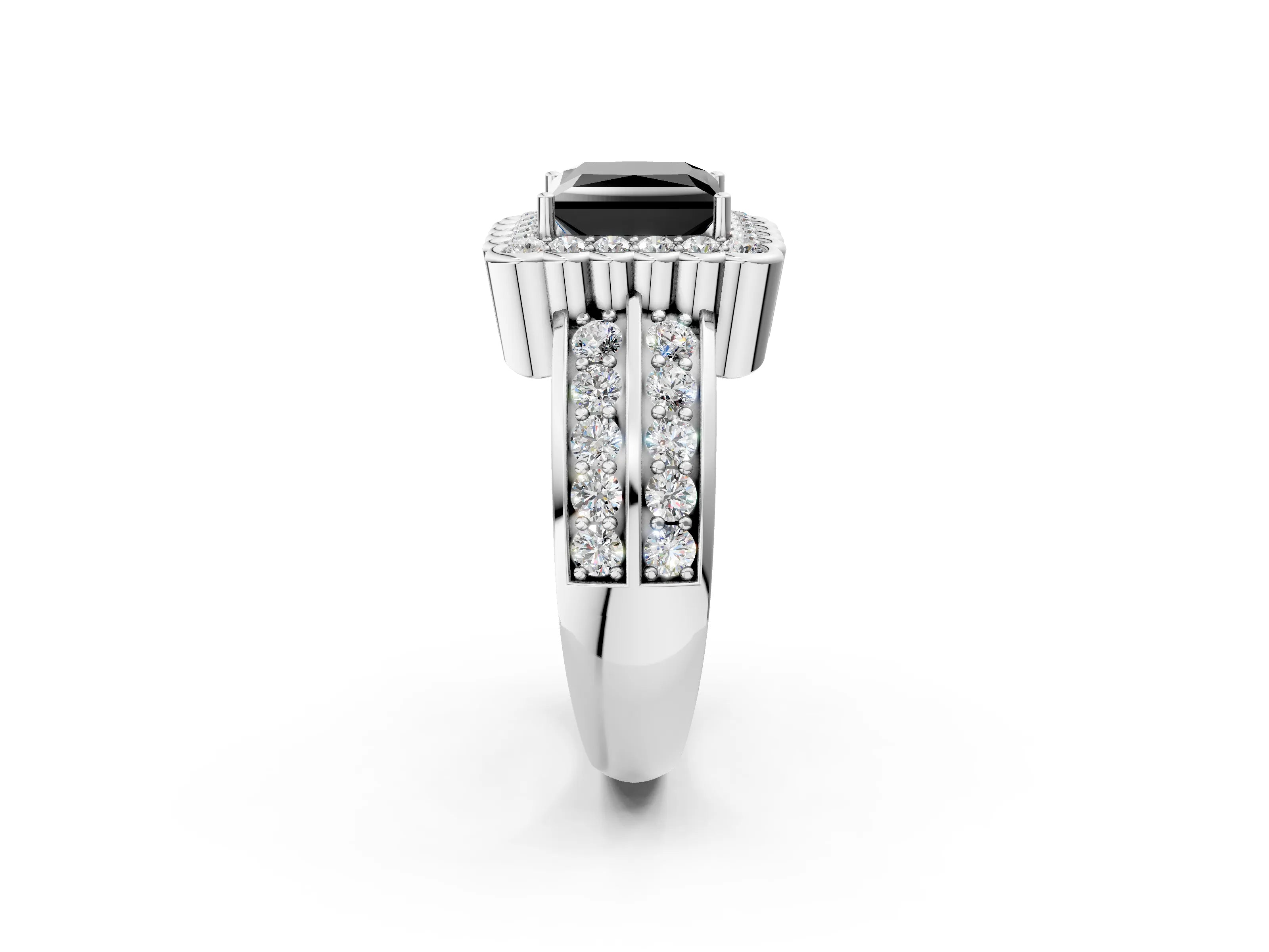 White gold Fancy Black Princess Cut Halo Diamond Split Shank Ring with Scalloped Prong Setting_14
