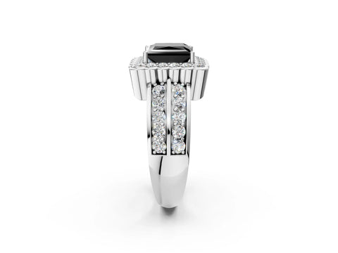White gold Fancy Black Princess Cut Halo Diamond Split Shank Ring with Scalloped Prong Setting_14