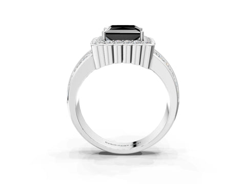White gold Fancy Black Princess Cut Halo Diamond Split Shank Ring with Scalloped Prong Setting_15