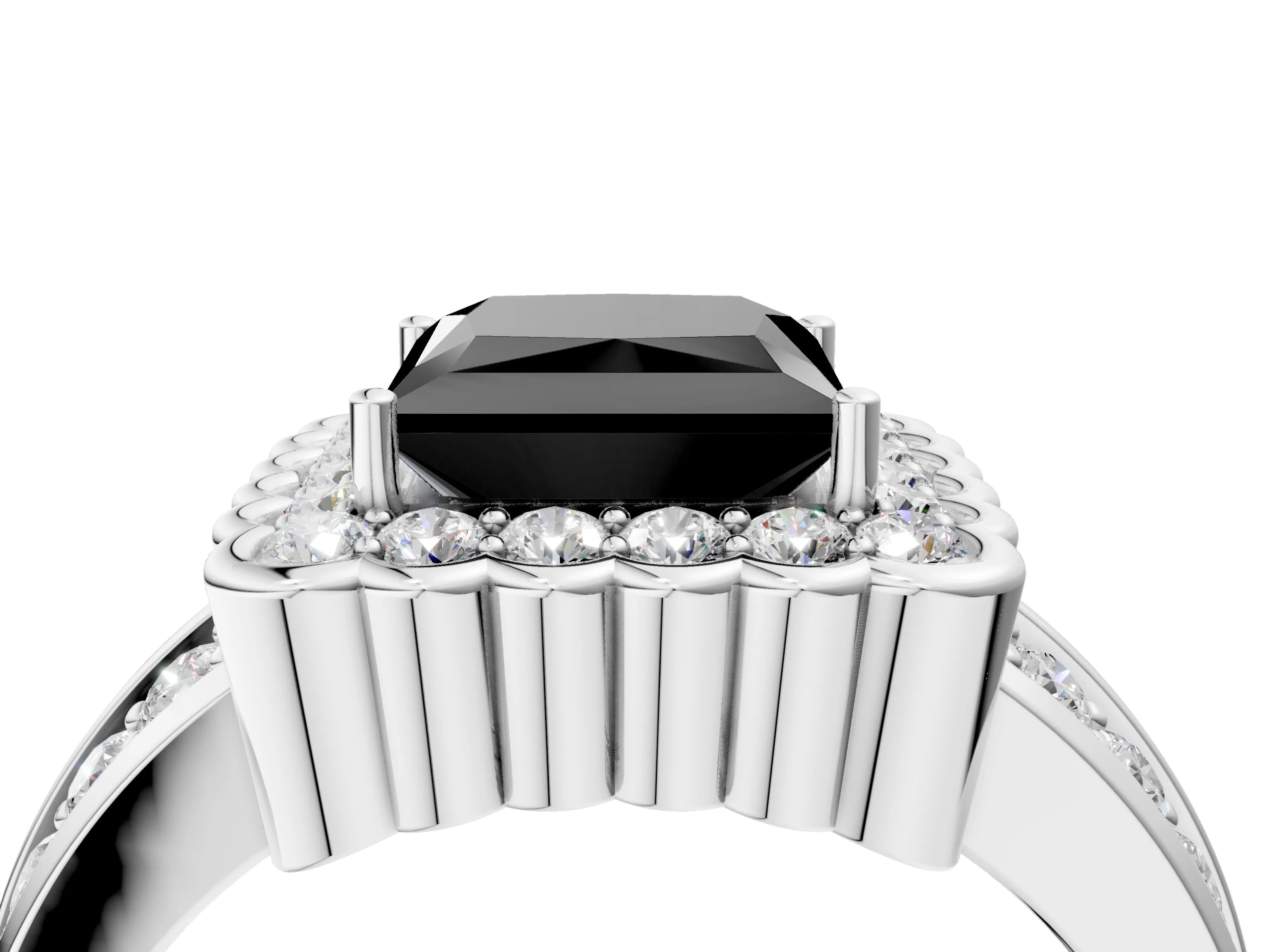 White gold Fancy Black Princess Cut Halo Diamond Split Shank Ring with Scalloped Prong Setting_16