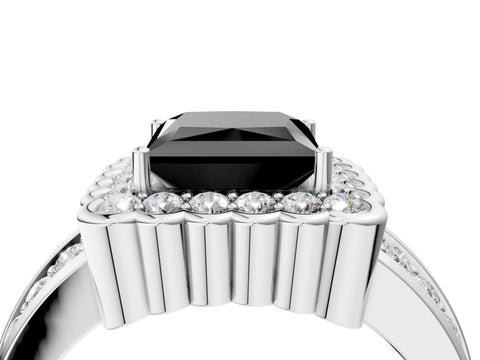 White gold Fancy Black Princess Cut Halo Diamond Split Shank Ring with Scalloped Prong Setting_16
