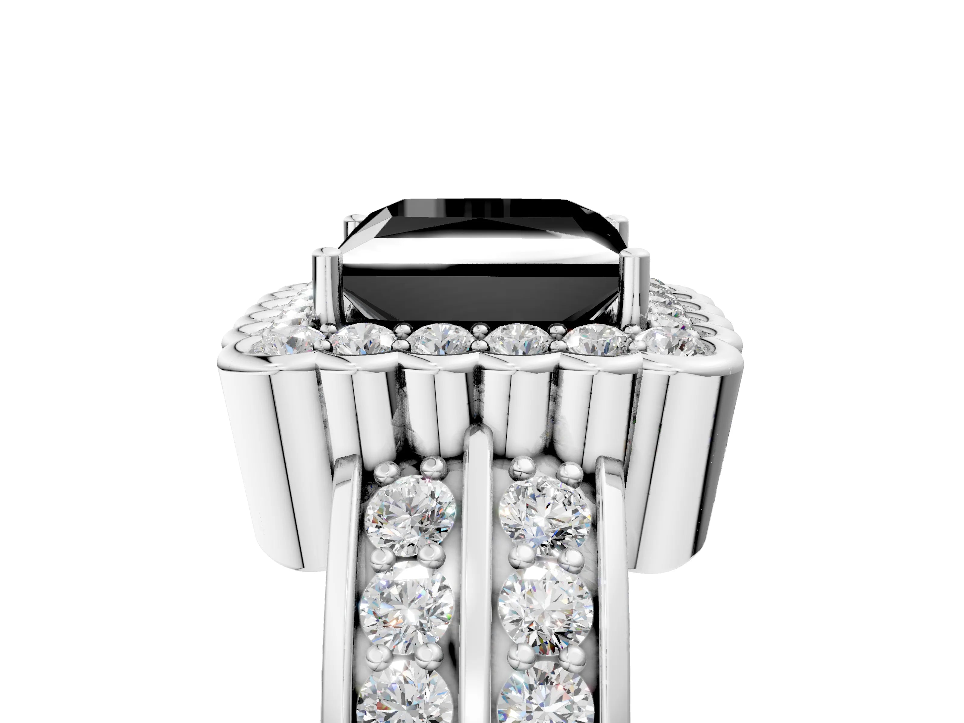 White gold Fancy Black Princess Cut Halo Diamond Split Shank Ring with Scalloped Prong Setting_17