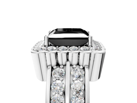 White gold Fancy Black Princess Cut Halo Diamond Split Shank Ring with Scalloped Prong Setting_17