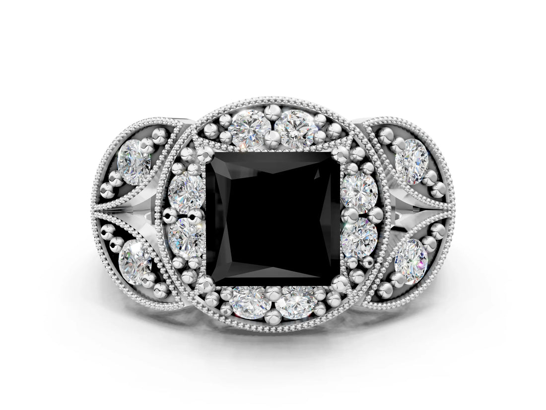White gold Fancy Black Princess Cut Halo Milgrain Diamond Engagement Ring with Leaf Band and Four-Prong Setting