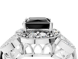 White gold Fancy Black Princess Cut Halo Milgrain Diamond Engagement Ring with Leaf Band and Four-Prong Setting_4