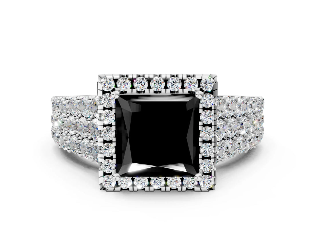 White gold Fancy Black Princess Cut Halo Pavé Diamond Engagement Ring with Split Shank and Four-Prong Setting_3