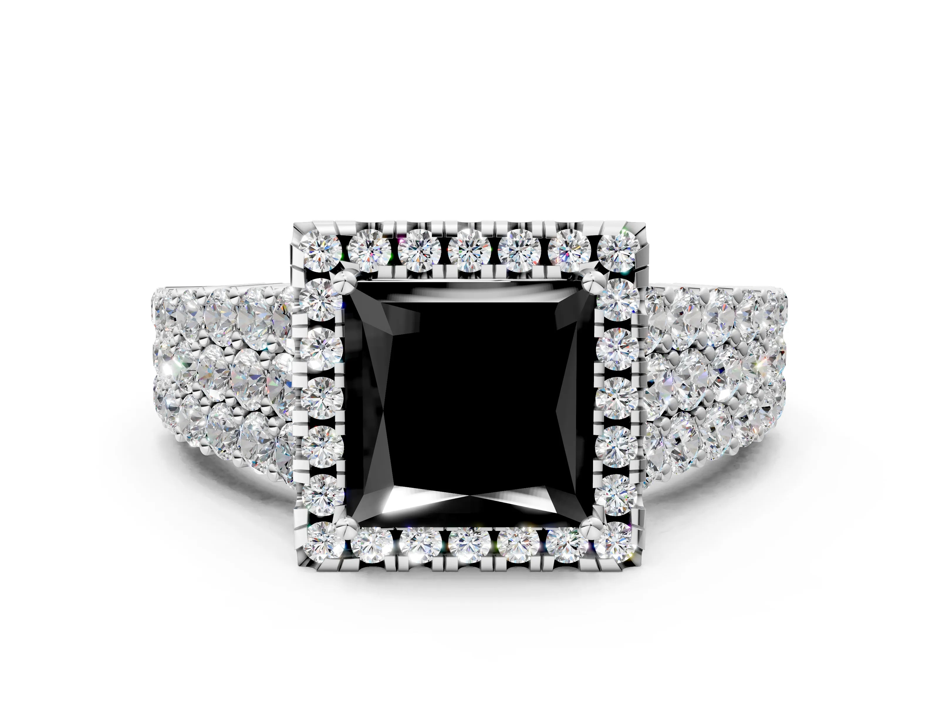 White gold Fancy Black Princess Cut Halo Pavé Diamond Engagement Ring with Split Shank and Four-Prong Setting_3