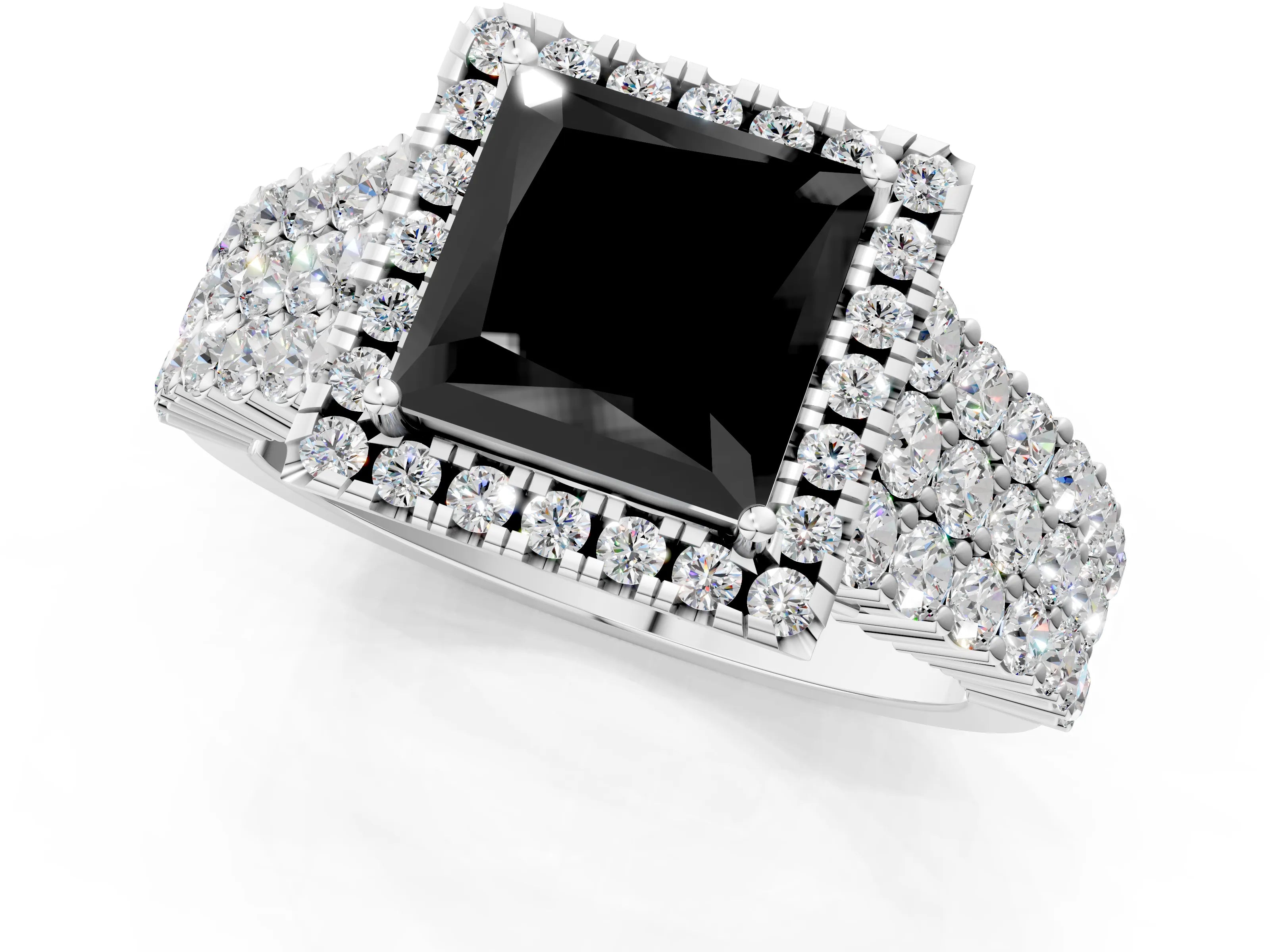 White gold Fancy Black Princess Cut Halo Pavé Diamond Engagement Ring with Split Shank and Four-Prong Setting_4