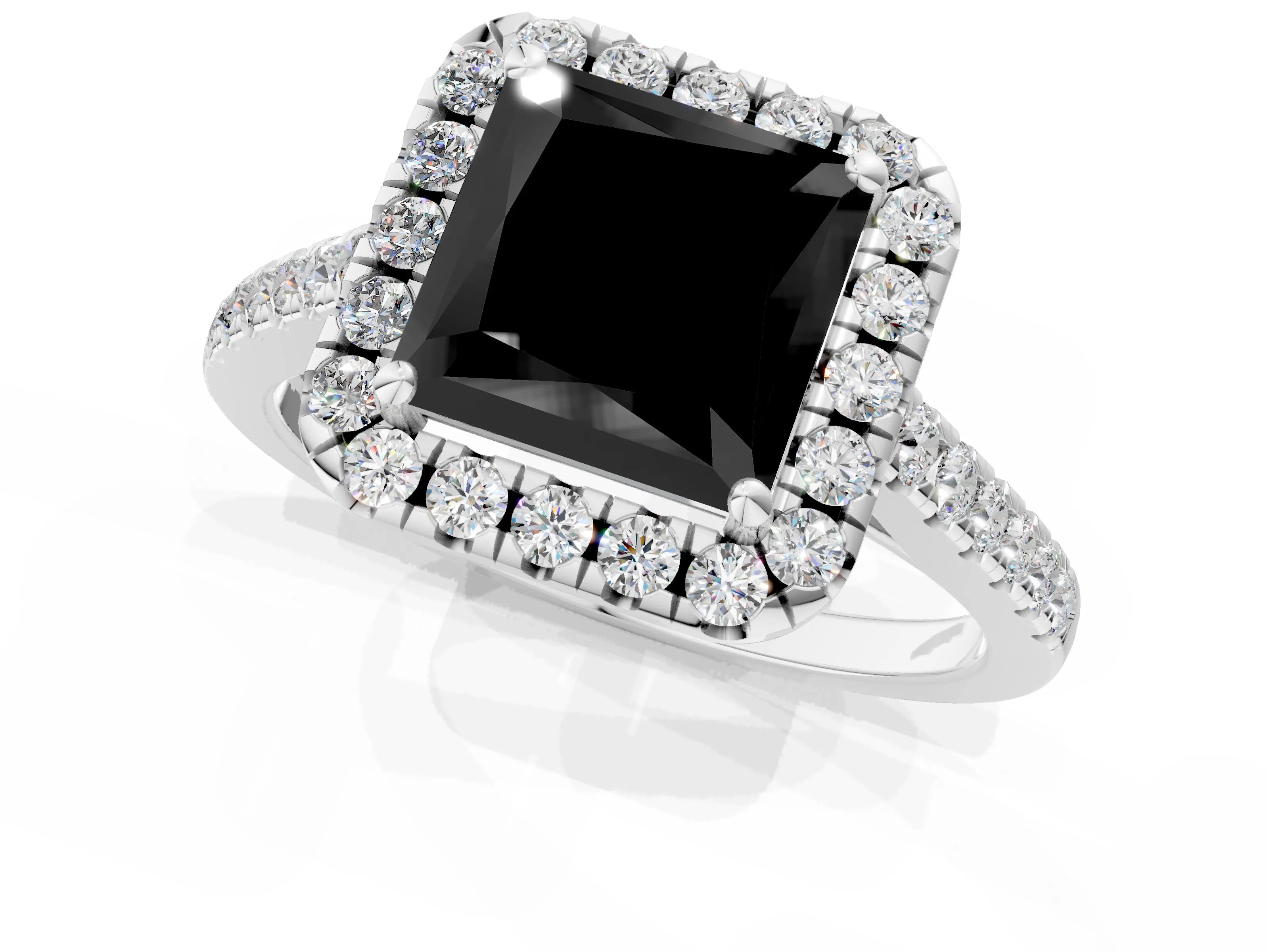 White gold Fancy Black Princess Cut Halo Pave Diamond Engagement Ring with Four-Prong Setting_1