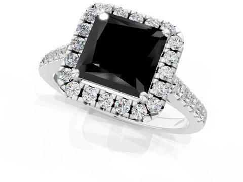 White gold Fancy Black Princess Cut Halo Pave Diamond Engagement Ring with Four-Prong Setting_1