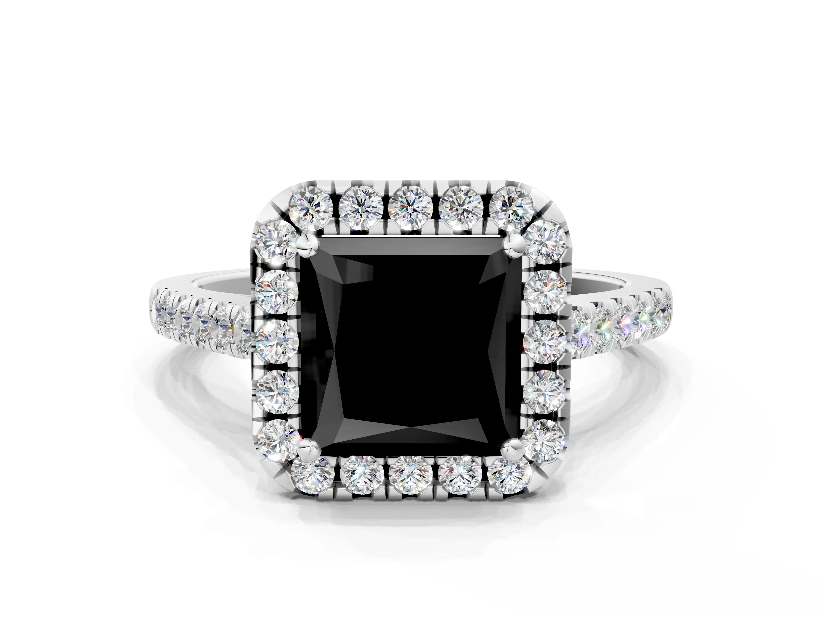 White gold Fancy Black Princess Cut Halo Pave Diamond Engagement Ring with Four-Prong Setting