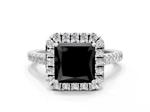 White gold Fancy Black Princess Cut Halo Pave Diamond Engagement Ring with Four-Prong Setting