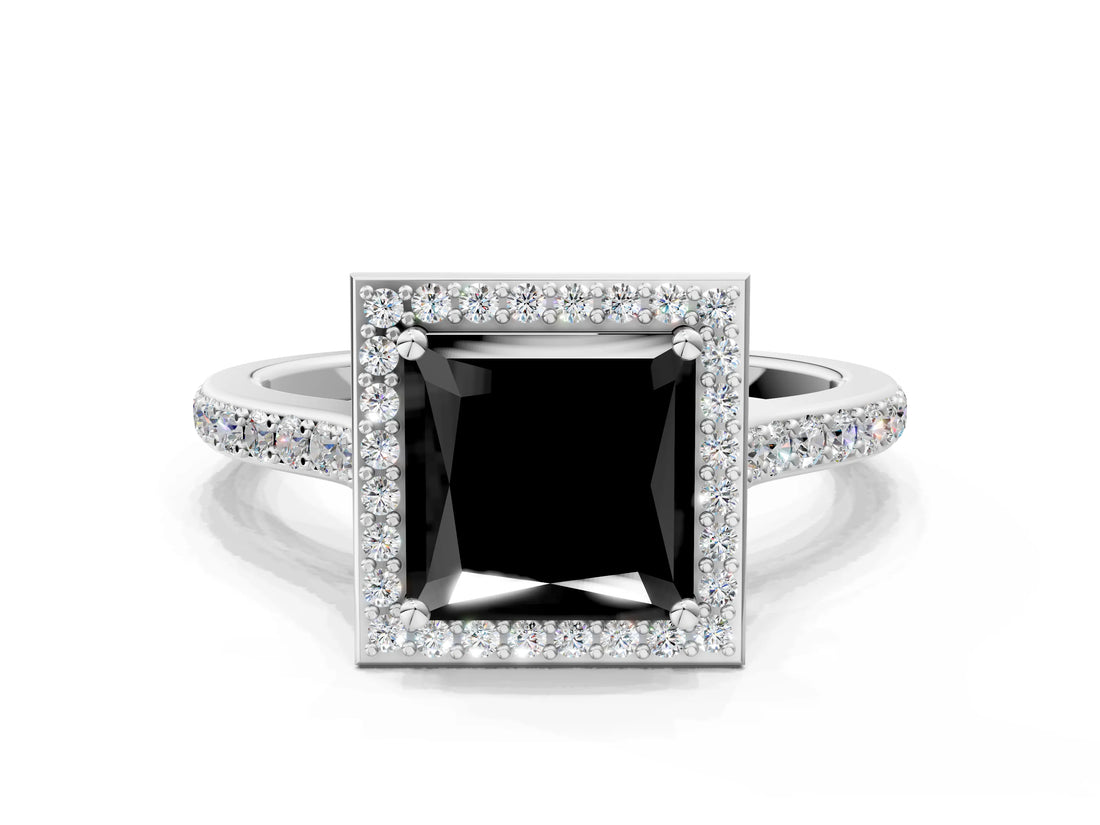 White gold Fancy Black Princess Cut Halo Round Diamond Pavé Band with Four-Prong Setting_15