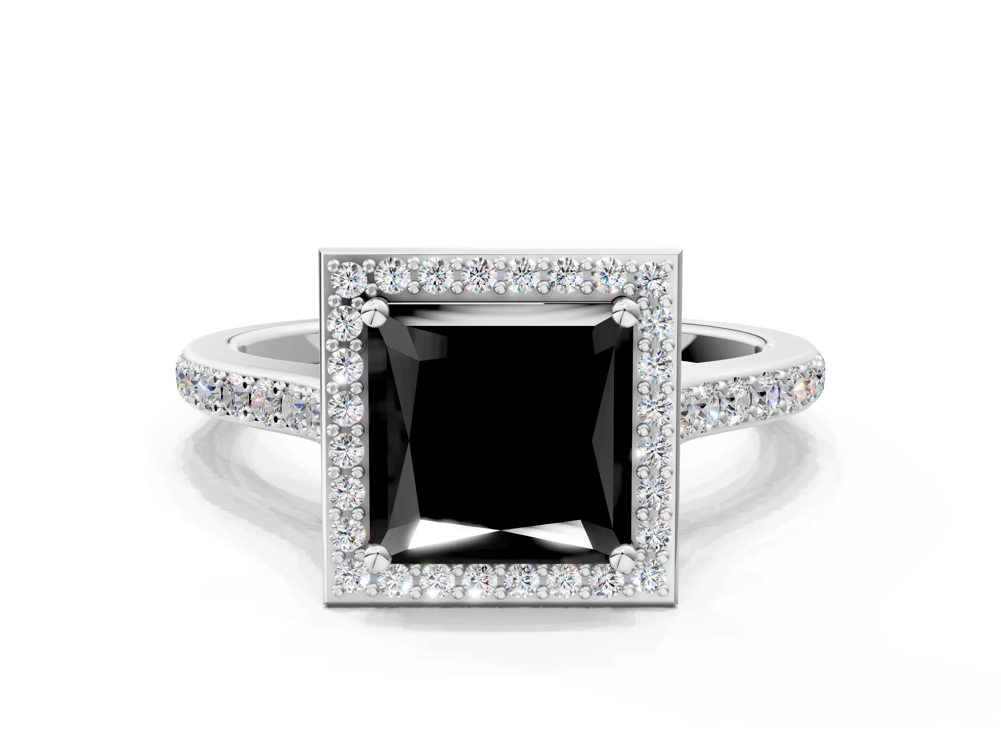 White gold Fancy Black Princess Cut Halo Round Diamond Pavé Band with Four-Prong Setting_15