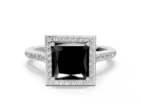 White gold Fancy Black Princess Cut Halo Round Diamond Pavé Band with Four-Prong Setting_15